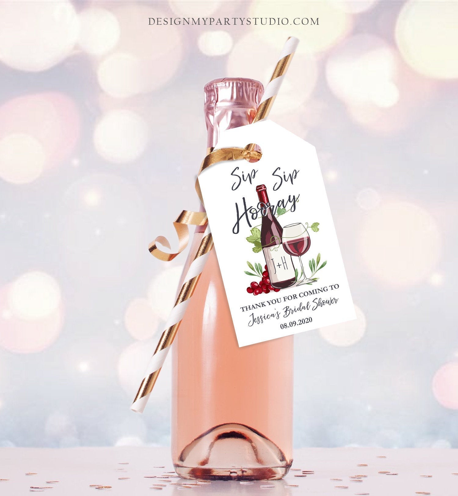 Editable Sip Sip Hooray Bridal Shower Favor Tags Thank You Tags Mini Wine Bottle Favor Wedding Wine Bridal Shower Rustic Corjl Template 0234