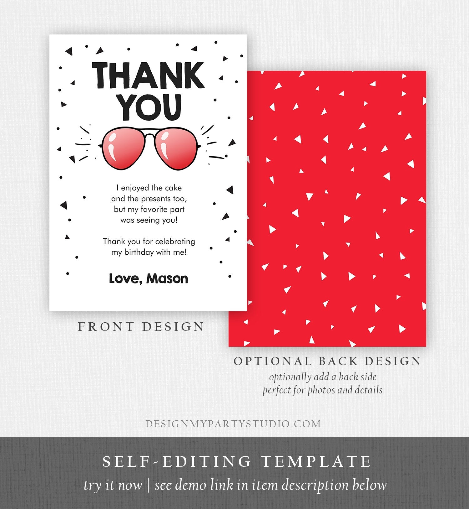 Editable Thank You Card Two Cool Birthday Boy Sunglasses Palm Second Birthday Party Note White Red Download Corjl Template Printable 0136