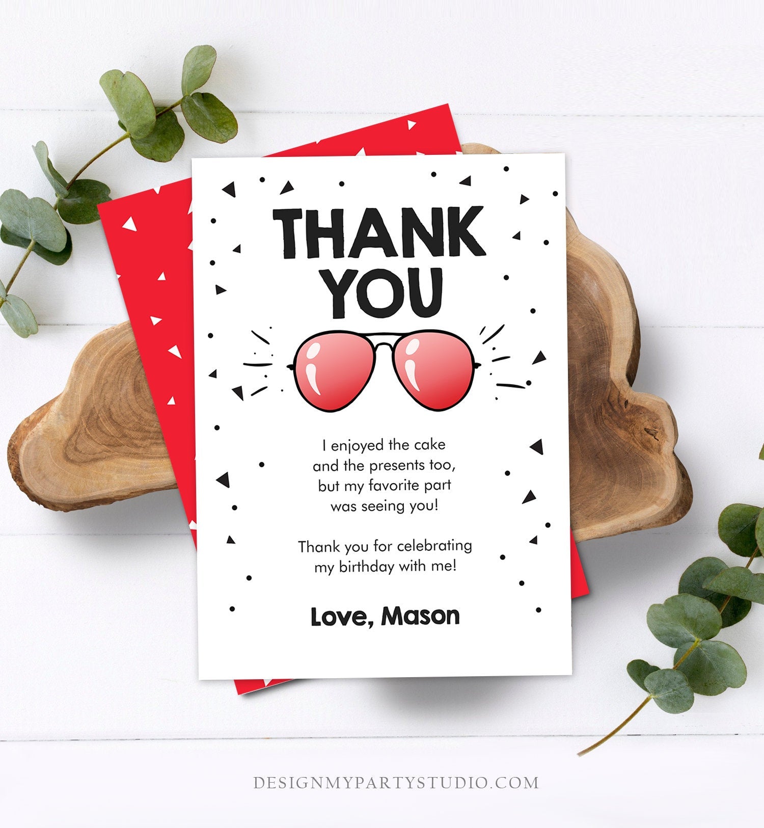 Editable Thank You Card Two Cool Birthday Boy Sunglasses Palm Second Birthday Party Note White Red Download Corjl Template Printable 0136