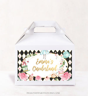 Editable Alice in Wonderland Gable Gift Box Label Alice In Onederland Birthday Girl Treat Box Label Tea Party Download Printable Corjl 0350