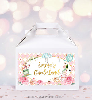 Editable Alice in Wonderland Gable Gift Box Label Alice In Onederland Birthday Girl Treat Box Label Tea Party Download Printable Corjl 0350