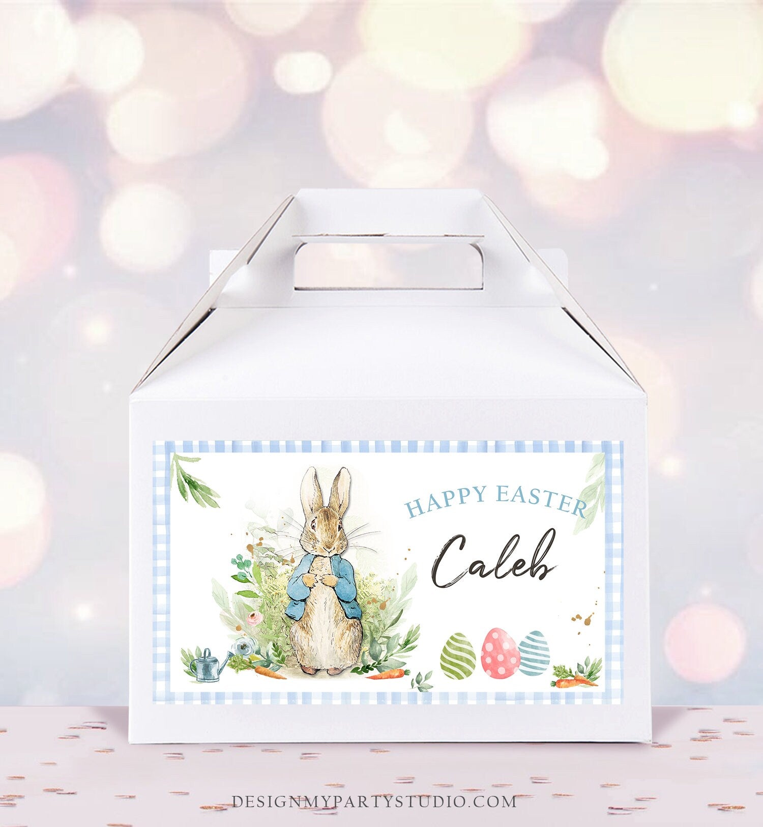 Editable Personalized Easter Activity Box Peter Rabbit Gable Gift Box Label Gift Easter Treat Bag Egg hunt Download Printable Corjl 0351