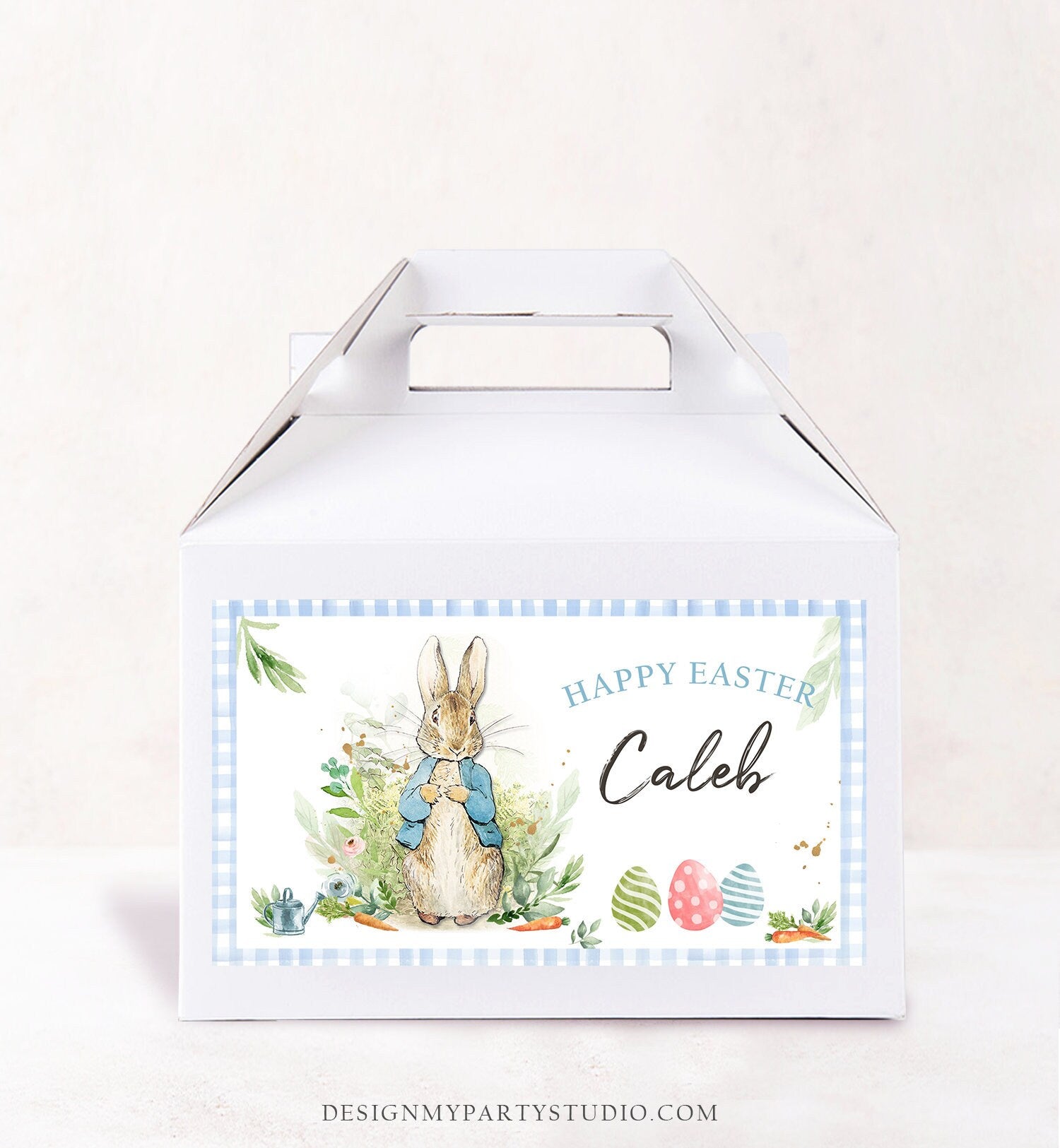 Editable Personalized Easter Activity Box Peter Rabbit Gable Gift Box Label Gift Easter Treat Bag Egg hunt Download Printable Corjl 0351