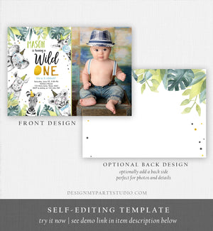 Editable Wild One Birthday Invitation Safari Party Animals Boy Gold First Birthday Born to be Wild Monochrome Corjl Template Printable 0322