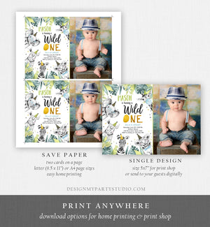 Editable Wild One Birthday Invitation Safari Party Animals Boy Gold First Birthday Born to be Wild Monochrome Corjl Template Printable 0322