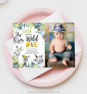 Editable Wild One Birthday Invitation Safari Party Animals Boy Gold First Birthday Born to be Wild Monochrome Corjl Template Printable 0322