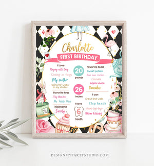 Editable Alice in Onederland Birthday Milestones Sign Girl First Birthday 1st Alice in Wonderland Chalkboard Corjl Template Printable 0350