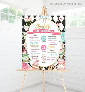 Editable Alice in Onederland Birthday Milestones Sign Girl First Birthday 1st Alice in Wonderland Chalkboard Corjl Template Printable 0350