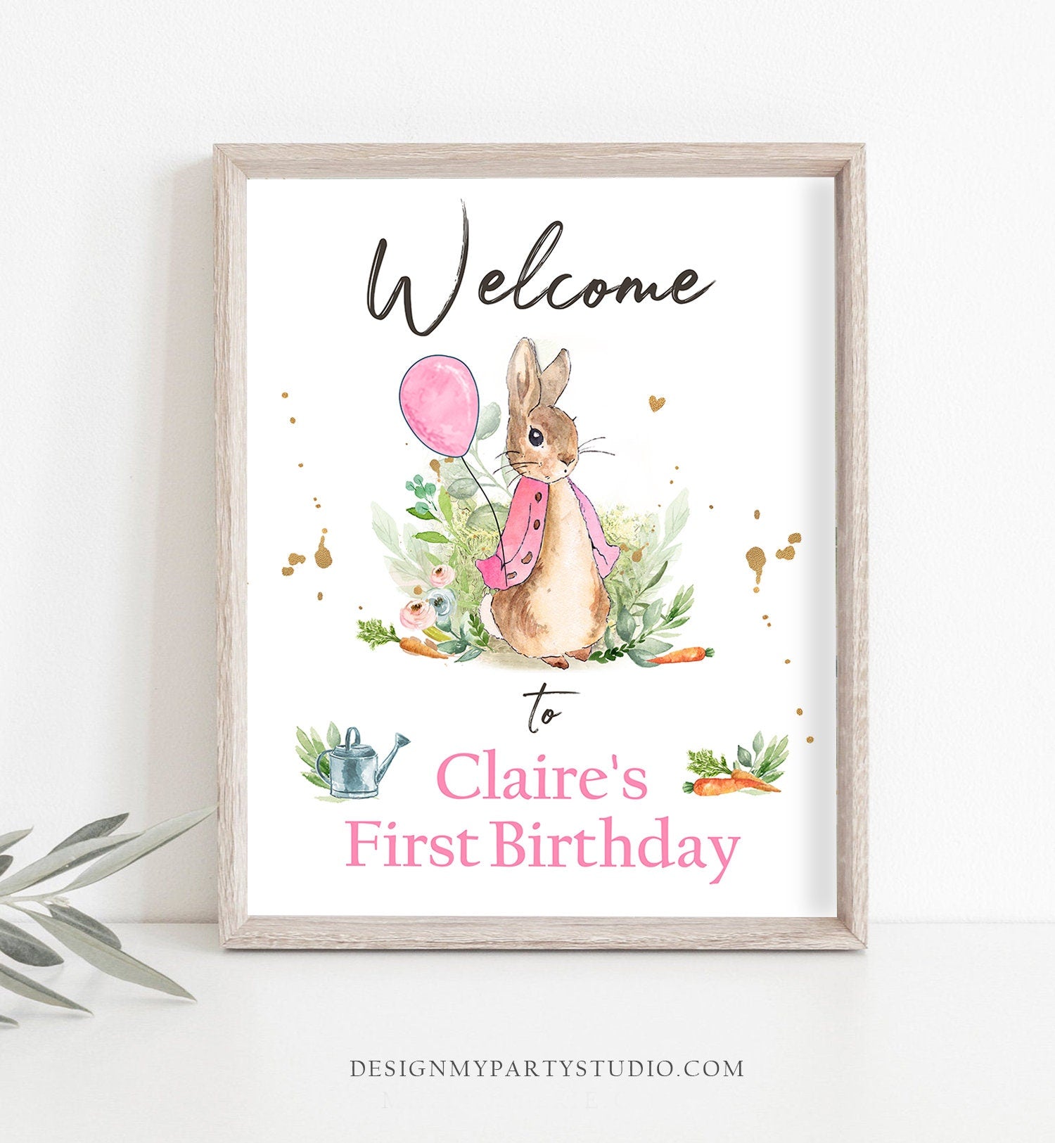 Editable Flopsy Bunny Welcome Sign Girl Birthday Baby Shower Welcome 1st Birthday Rabbit Watercolor Pink Template Corjl PRINTABLE 0351