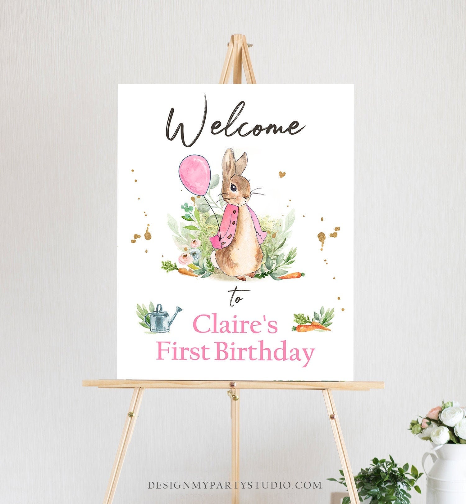 Editable Flopsy Bunny Welcome Sign Girl Birthday Baby Shower Welcome 1st Birthday Rabbit Watercolor Pink Template Corjl PRINTABLE 0351