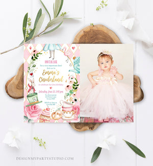 Editable Alice In Wonderland Birthday Invitation Girl First Birthday 1st Onederland Tea Party Pink Printable Template Corjl Digital 0350