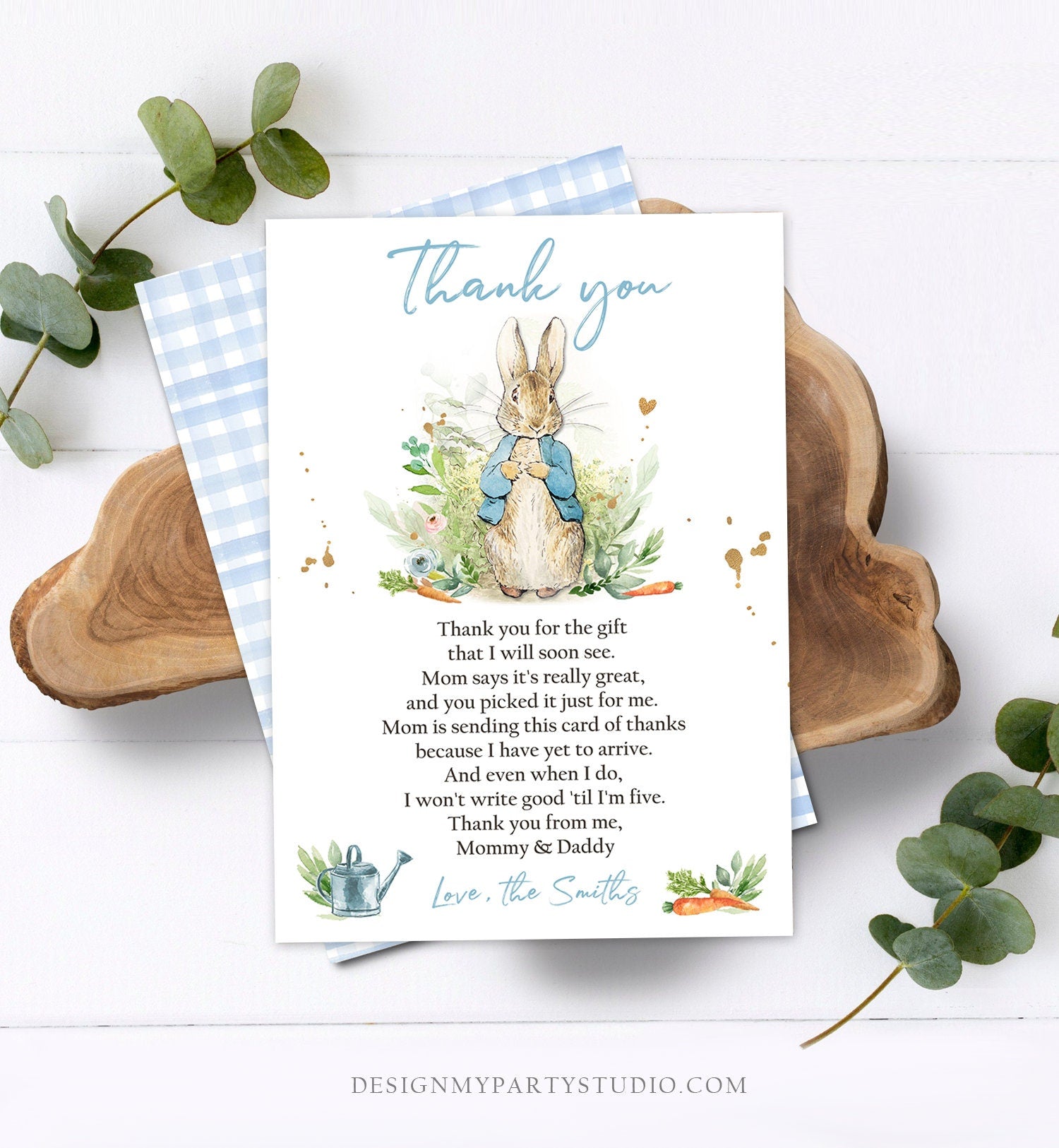 Editable Peter Rabbit Baby Shower Thank You Card Boy Blue Rustic Peter Rabbit Spring Bunny Baby Shower Digital Corjl Template Printable 0351