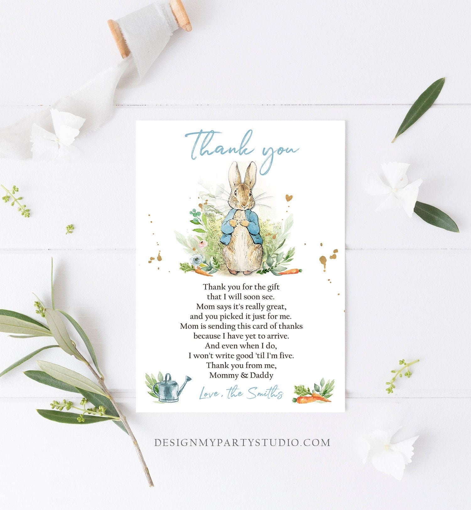 Editable Peter Rabbit Baby Shower Thank You Card Boy Blue Rustic Peter Rabbit Spring Bunny Baby Shower Digital Corjl Template Printable 0351