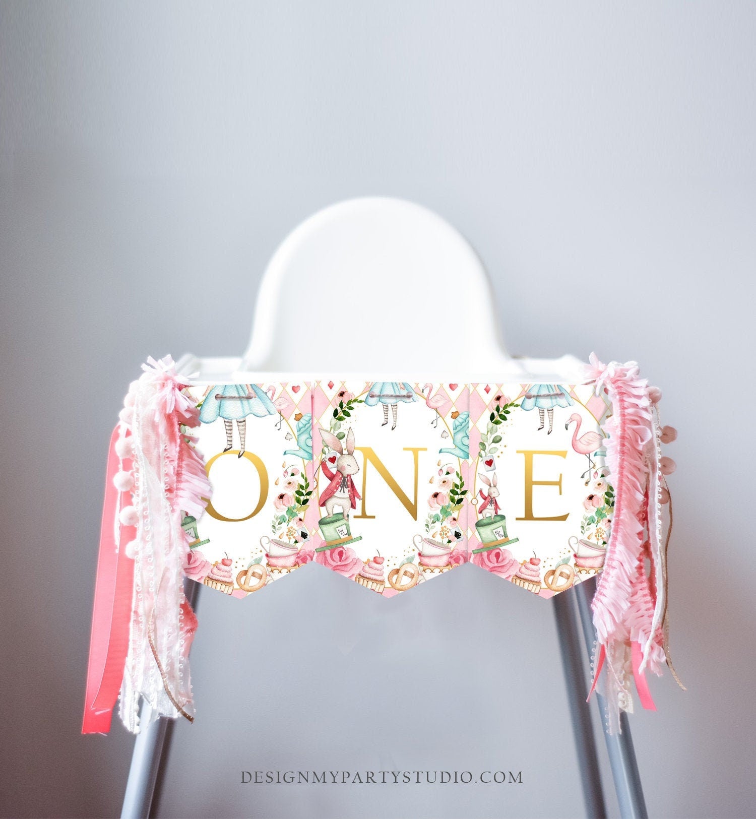 Alice in Onederland High Chair Banner Alice in Wonderland Girl 1st First Birthday Pink High Chair Banner ONE Decor PRINTABLE Digital 0350