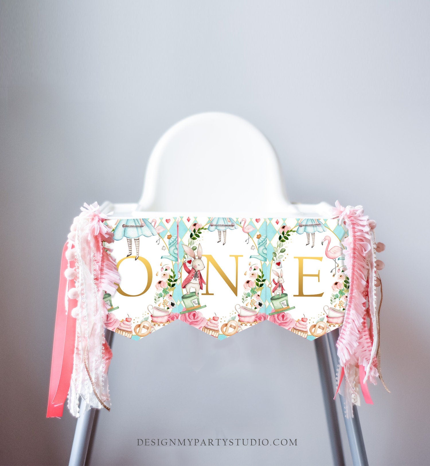 Alice in Onederland High Chair Banner Alice in Wonderland Girl 1st First Birthday Pink Blue Alice Banner ONE Decor PRINTABLE Digital 0350