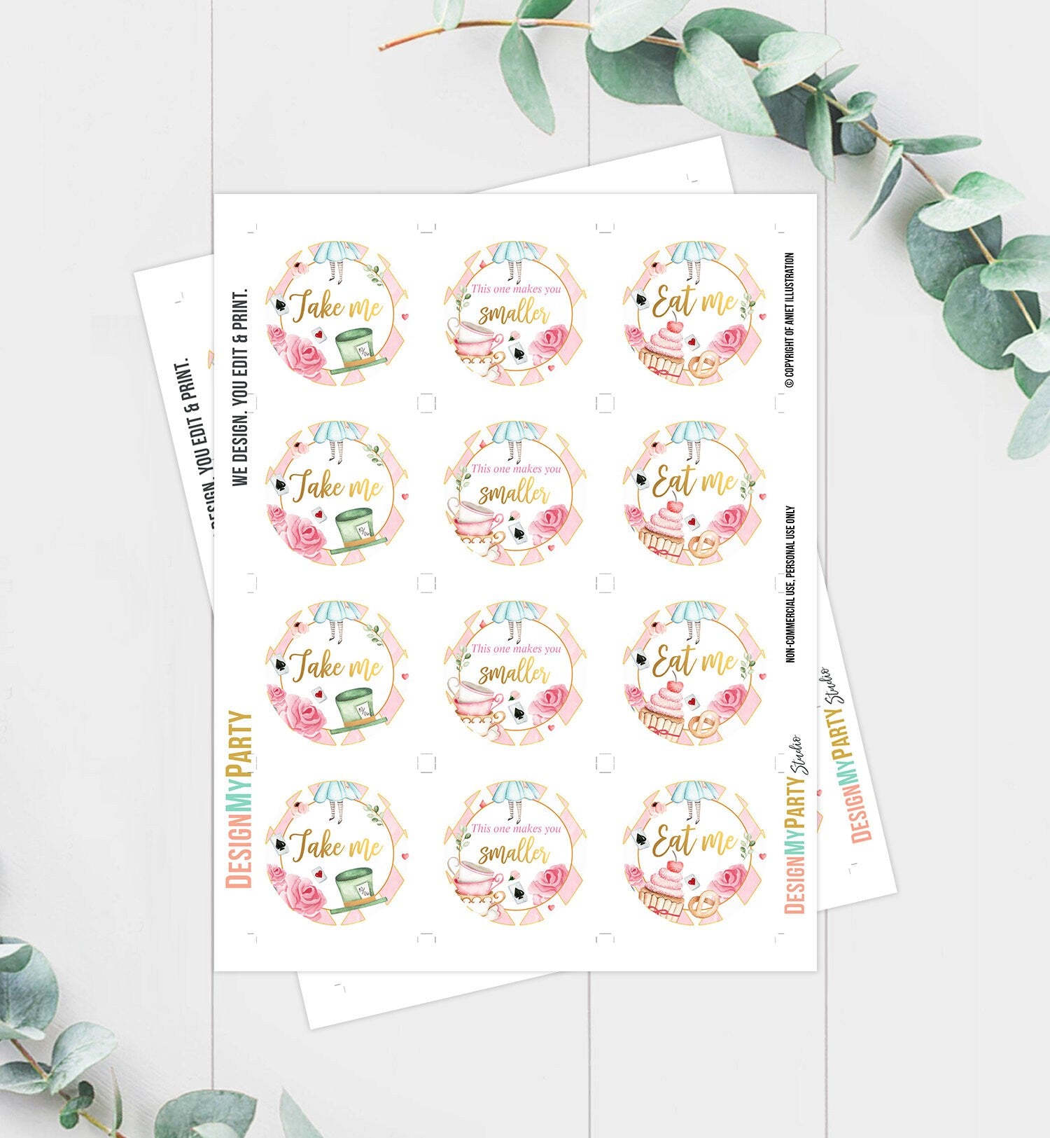 Alice In Wonderland Cupcake Toppers Onederland Favor Tags Alice 1st Birthday Party Decor Mad Tea Party Stickers Pink Digital PRINTABLE 0350