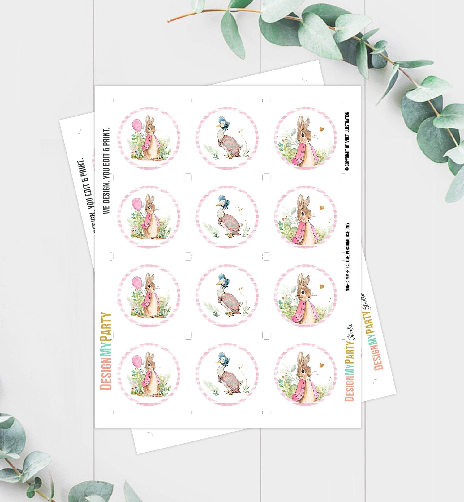 Flopsy Bunny Cupcake Toppers Peter Rabbit 1st Birthday Party Decorations Girl Bunny Pink Stickers Tags download Digital PRINTABLE 0351