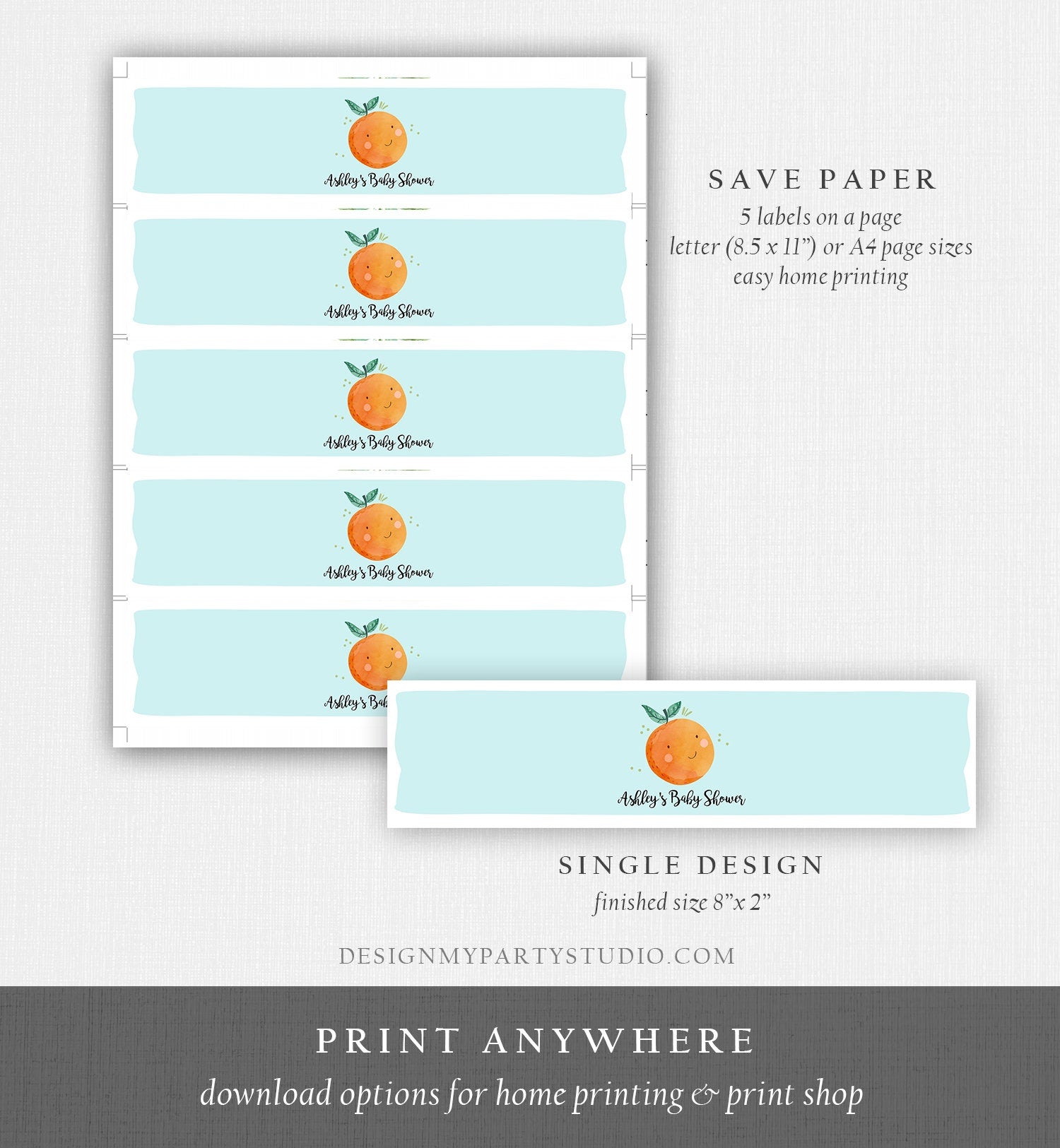 Editable A Little Cutie is on The Way Water Bottle Labels Blue Boy Baby Shower Clementine Orange Cutie Decor Printable Corjl Template 0330