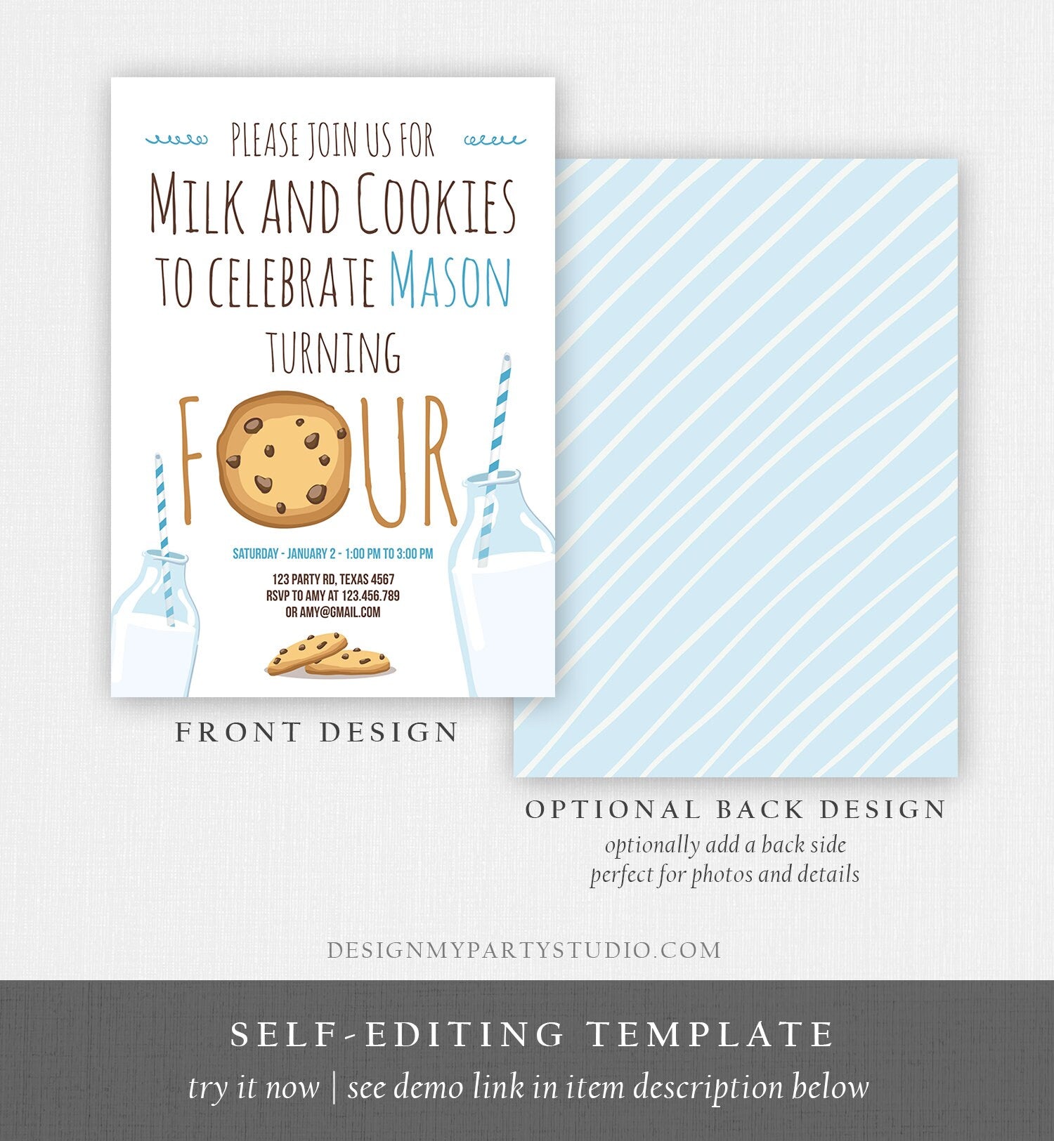 Editable Milk and Cookies Birthday Invitation Milk & Cookies Party Boy 1st 2nd 3rd 4th Birthday Blue Printable Download Template Corjl 0088