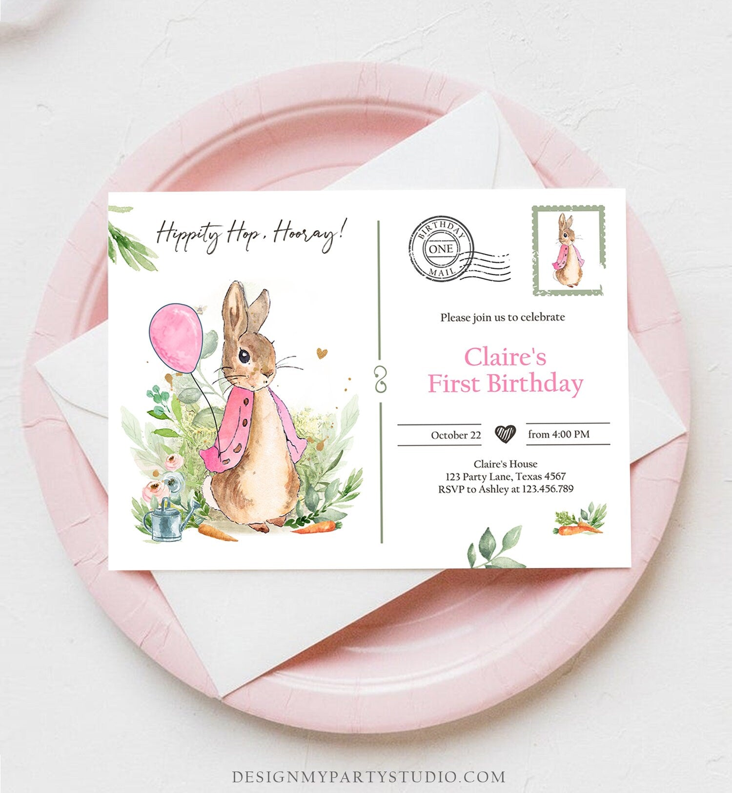 Editable Flopsy Bunny Birthday Invitation Gril Pink Rustic Peter Rabbit 1st Birthday Invite Watercolor Digital Corjl Template Printable 0351