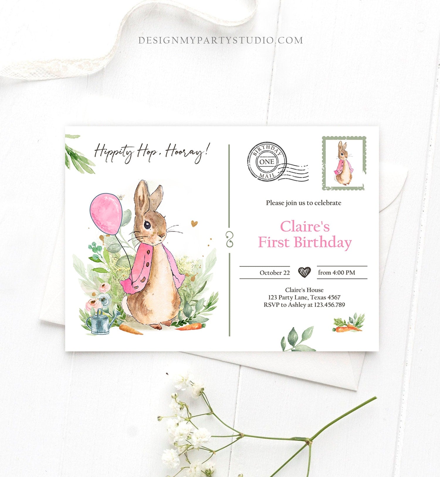 Editable Flopsy Bunny Birthday Invitation Gril Pink Rustic Peter Rabbit 1st Birthday Invite Watercolor Digital Corjl Template Printable 0351