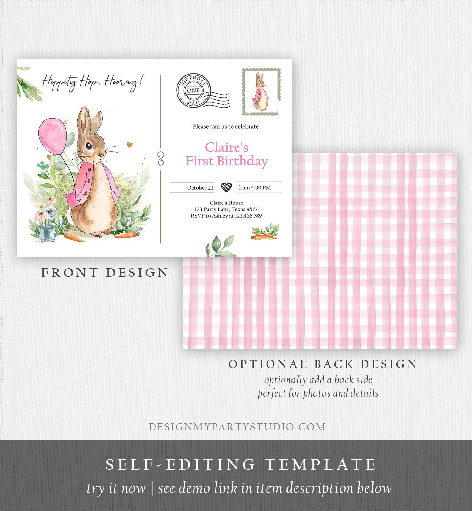 Editable Flopsy Bunny Birthday Invitation Gril Pink Rustic Peter Rabbit 1st Birthday Invite Watercolor Digital Corjl Template Printable 0351