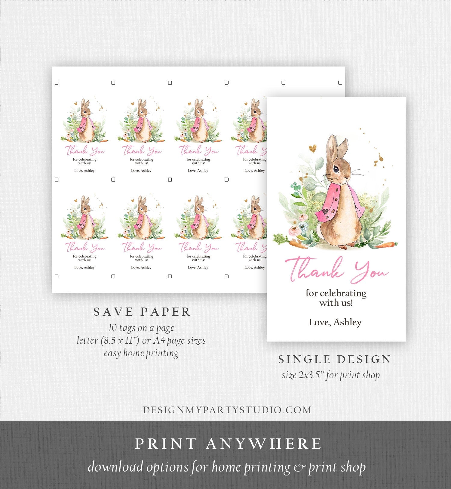 Editable Flopsy Bunny Baby Shower Favor Tags Bunny Thank you Tags Pink Girl Shower Labels Watercolor Printable Download Corjl Template 0351