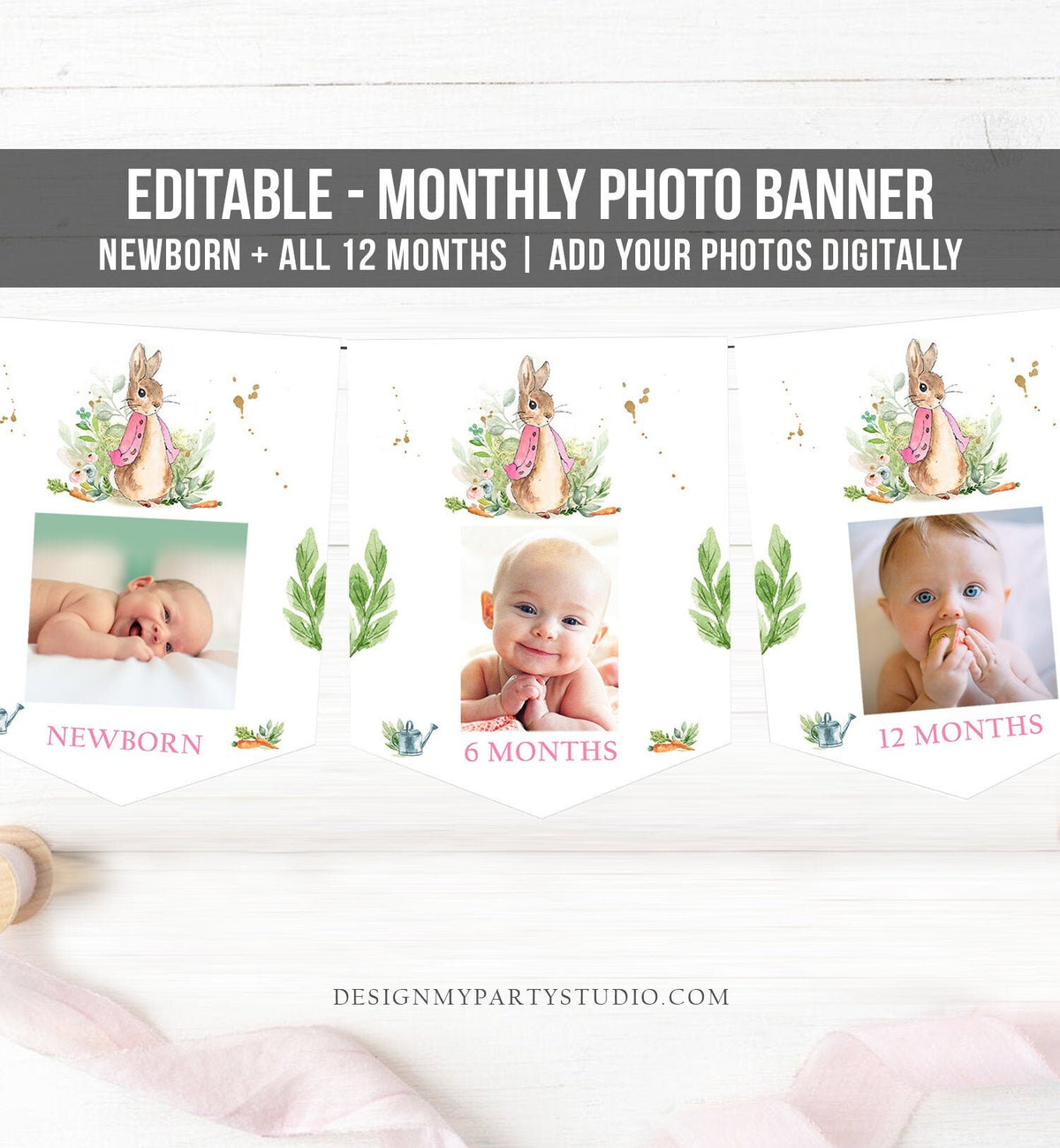 Editable Flopsy Bunny Monthly Photo Peter Rabbit Birthday Banner First Birthday Bunny 1st Girl Spring Download Corjl Template Printable 0351