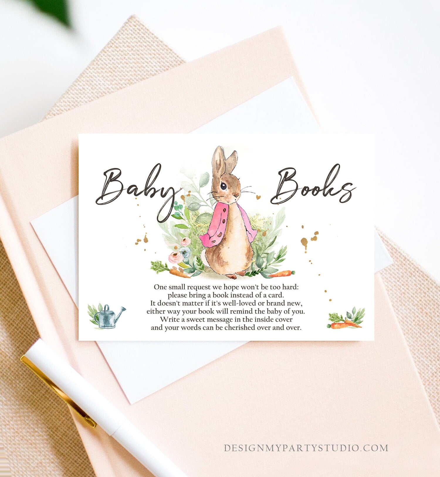 Editable Flopsy Bunny Bring a Book Card Peter Rabbit Baby Shower Book Insert Books for Baby Girl Spring Rustic Template PRINTABLE Corjl 0351