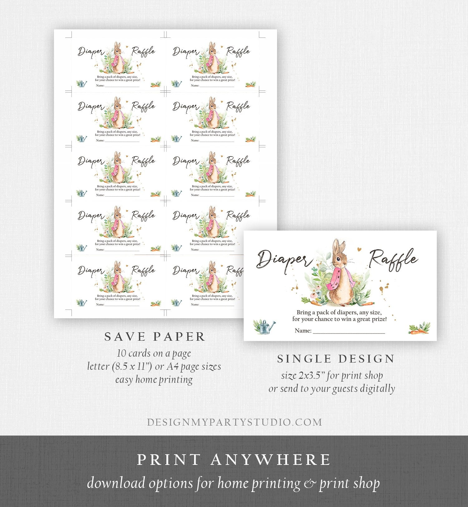 Editable Diaper Raffle Ticket Flopsy Bunny Diaper Game Card Peter Rabbit Baby shower insert Pink Girl Download Template Corjl PRINTABLE 0351