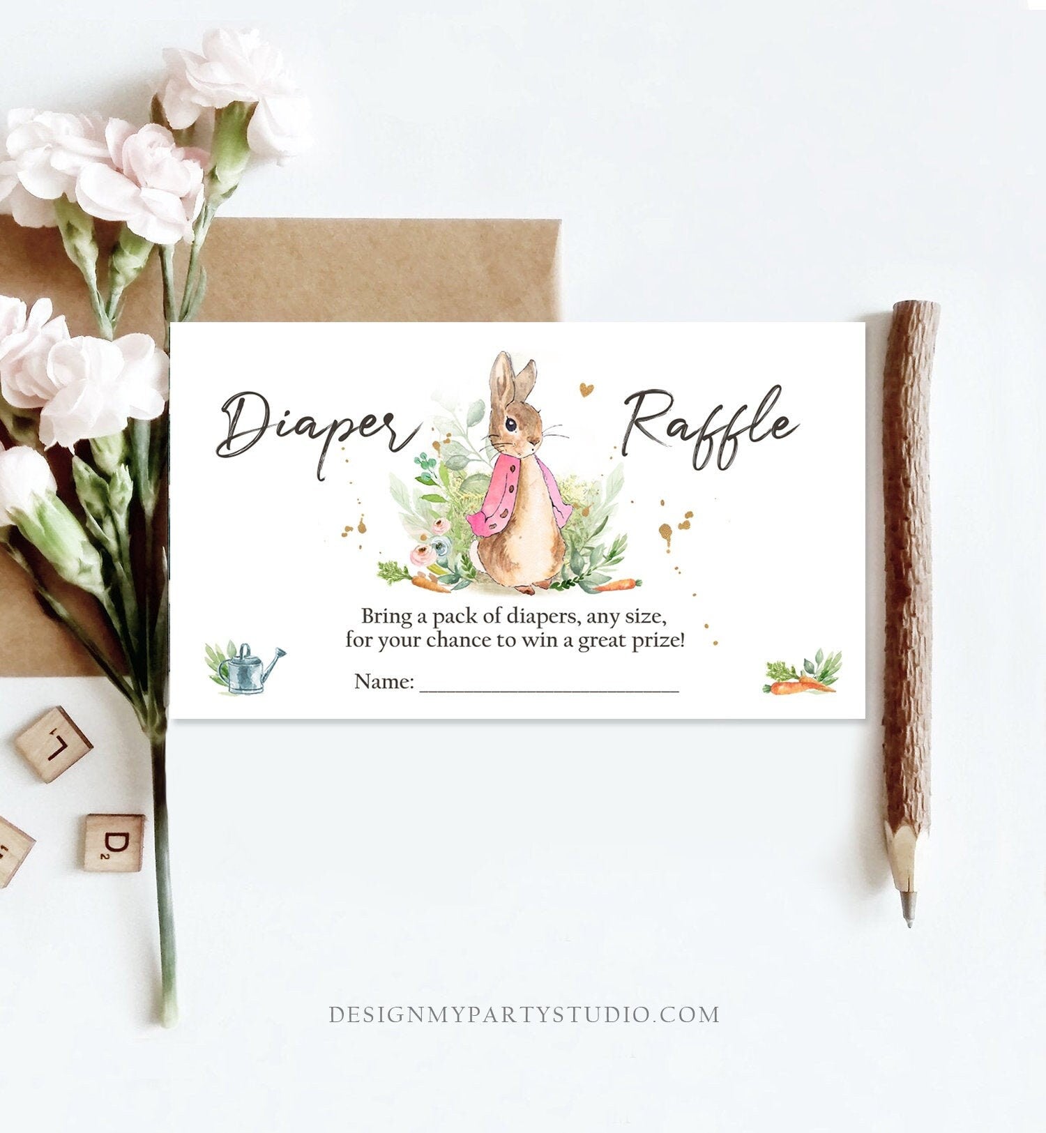 Editable Diaper Raffle Ticket Flopsy Bunny Diaper Game Card Peter Rabbit Baby shower insert Pink Girl Download Template Corjl PRINTABLE 0351