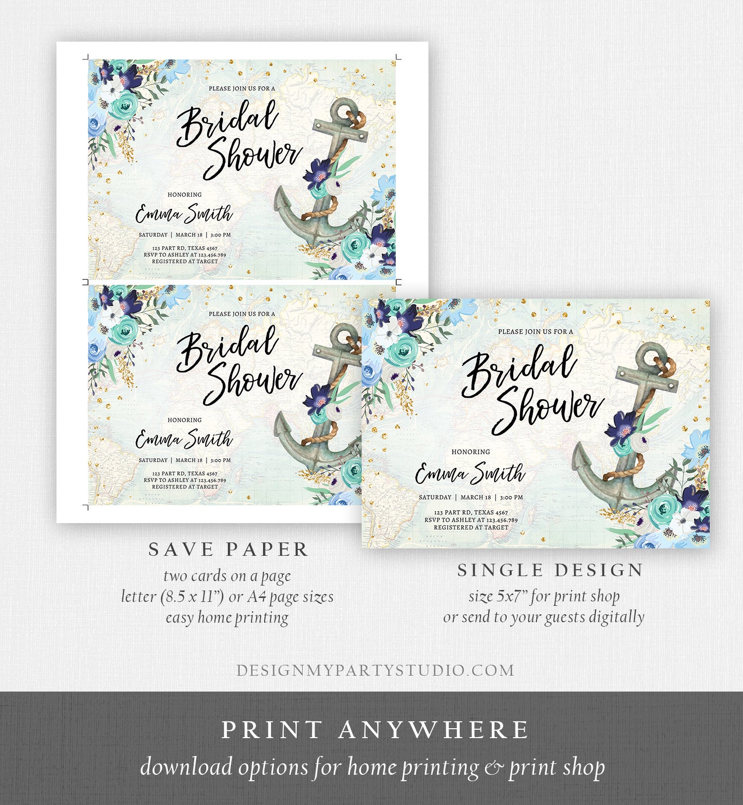 Editable Nautical Bridal Shower Invitation Flowers Floral Anchor Navy Pink Blue Gold Wedding Shower Download Printable Corjl Template 0397