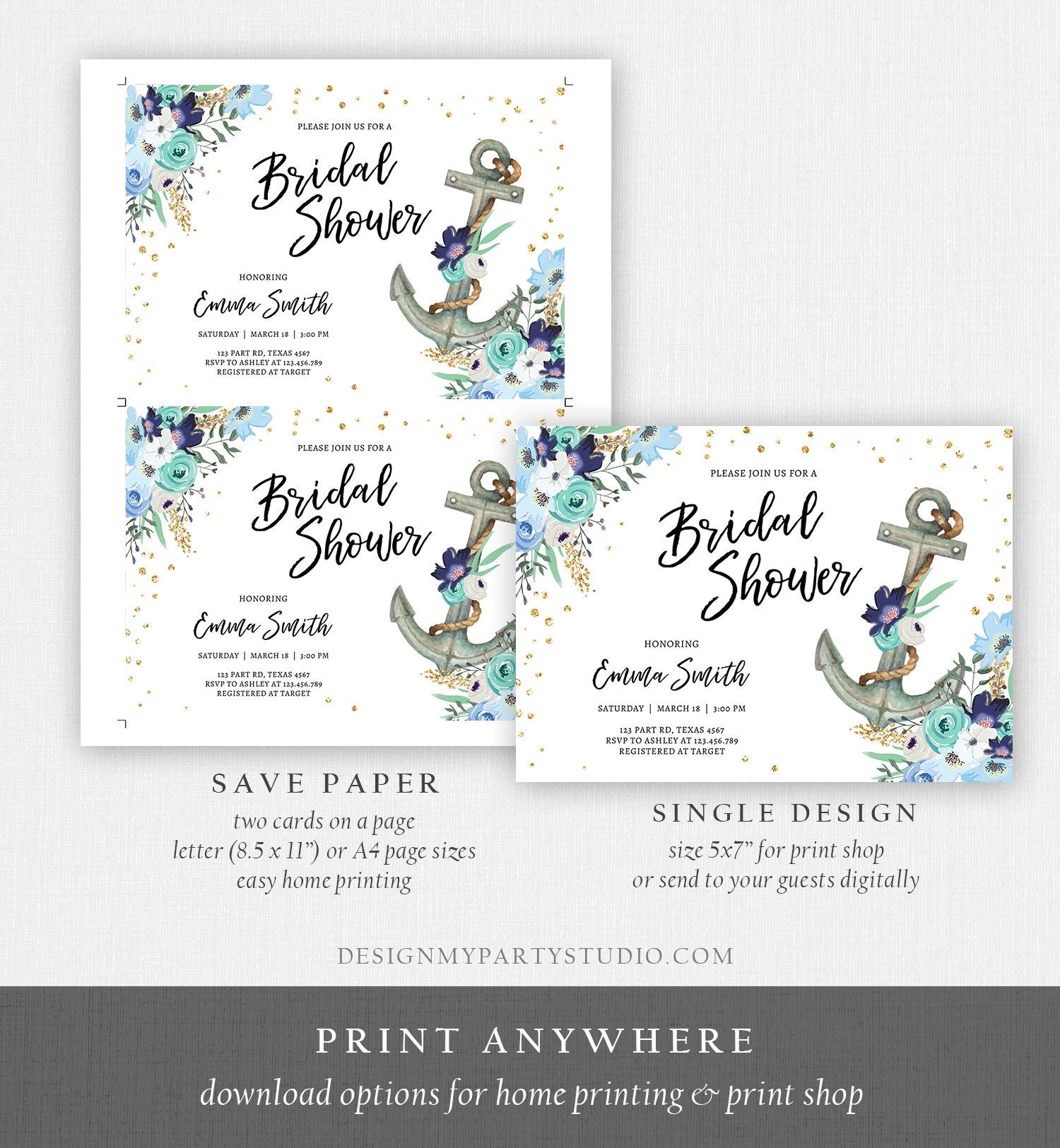 Editable Nautical Bridal Shower Invitation Flowers Floral Anchor Navy Pink Blue Gold Wedding Shower Download Printable Corjl Template 0397