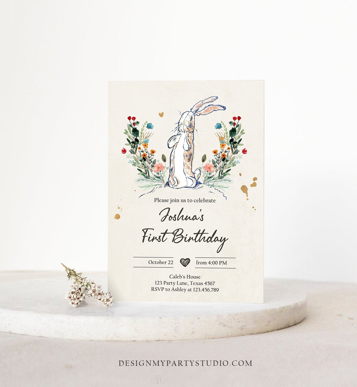 Editable The Velveteen Rabbit Birthday Invitation Rustic Rabbit 1st Birthday Vintage Invite Watercolor Digital Corjl Template Printable 0394