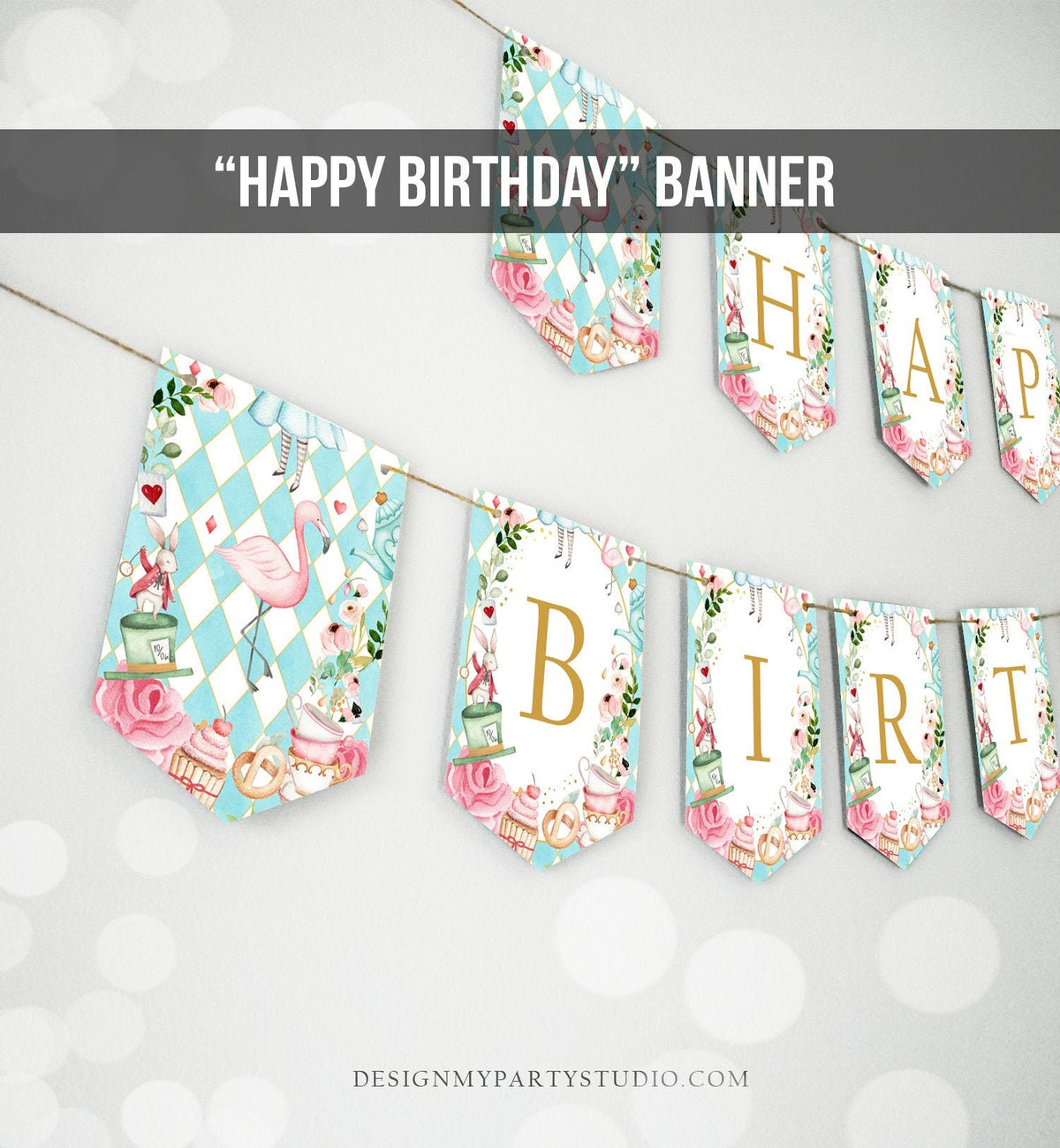 Alice in Onederland Happy Birthday Banner Alice in Wonderland Bunting Girl Pink Mad Hatter Tea Party Decor Garland PRINTABLE Digital 0350