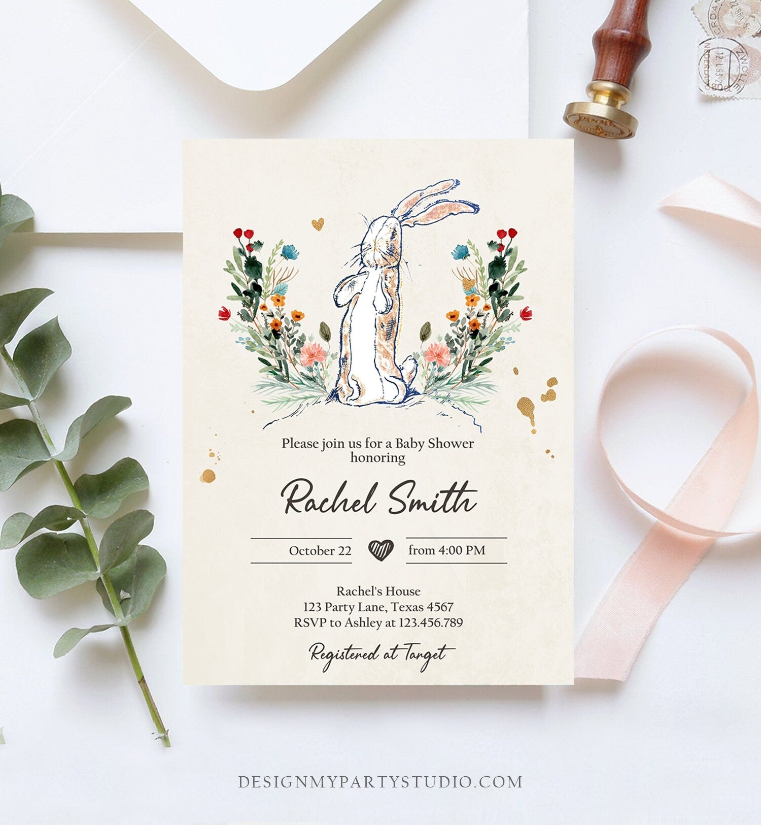 Editable The Velveteen Rabbit Baby Shower Invitation Rustic Rabbit Birthday Vintage Invite Watercolor Digital Corjl Template Printable 0394