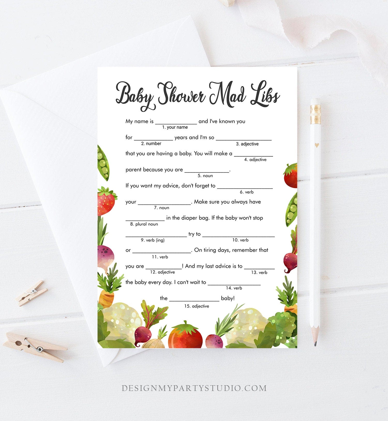 Editable Mad Libs Baby Shower Game Locally Grown Farmers Market Advice Mom to Be Fruit Vegetable Farm Barn Corjl Template Printable 0144