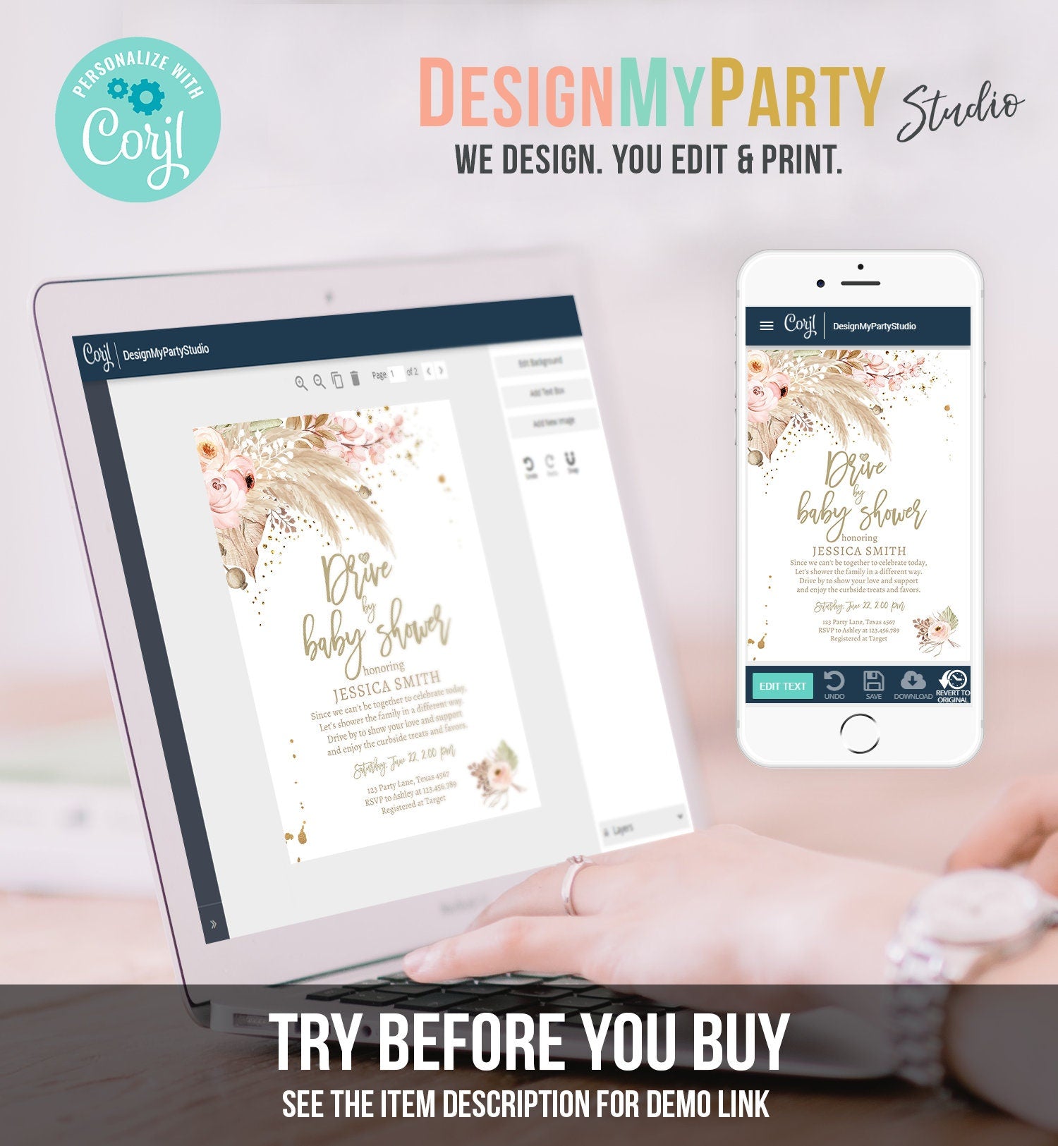 Editable Drive By Pampas Grass Baby Shower Invitation Boho Drive By Bohemian Shower Neutral Tropical Download Printable Template Corjl 0395