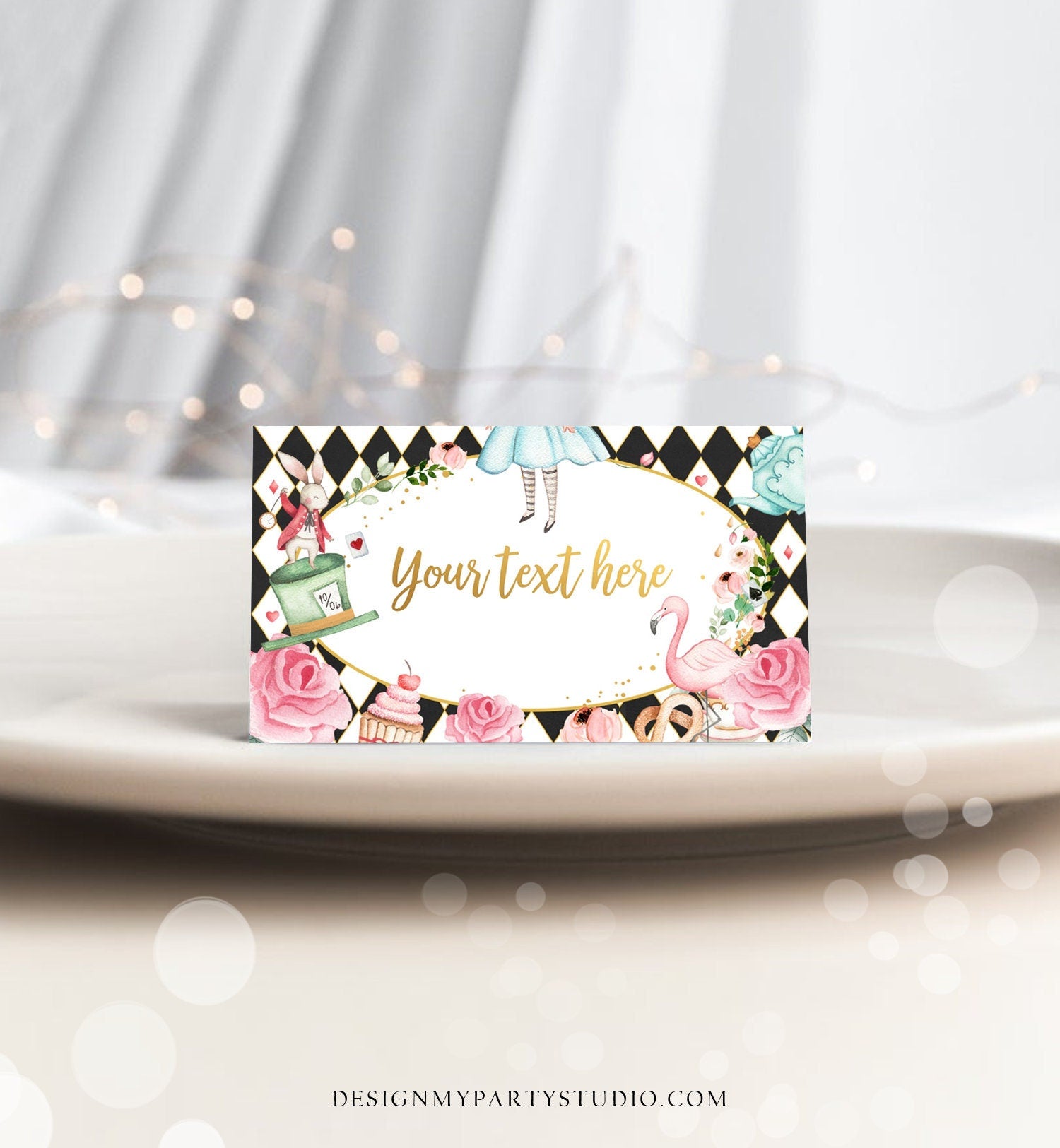 Editable Alice in Wonderland Food Label Alice Place Card Tent Card Escort Card Girl Black Tea Party Onederland Printable Corjl Template 0350