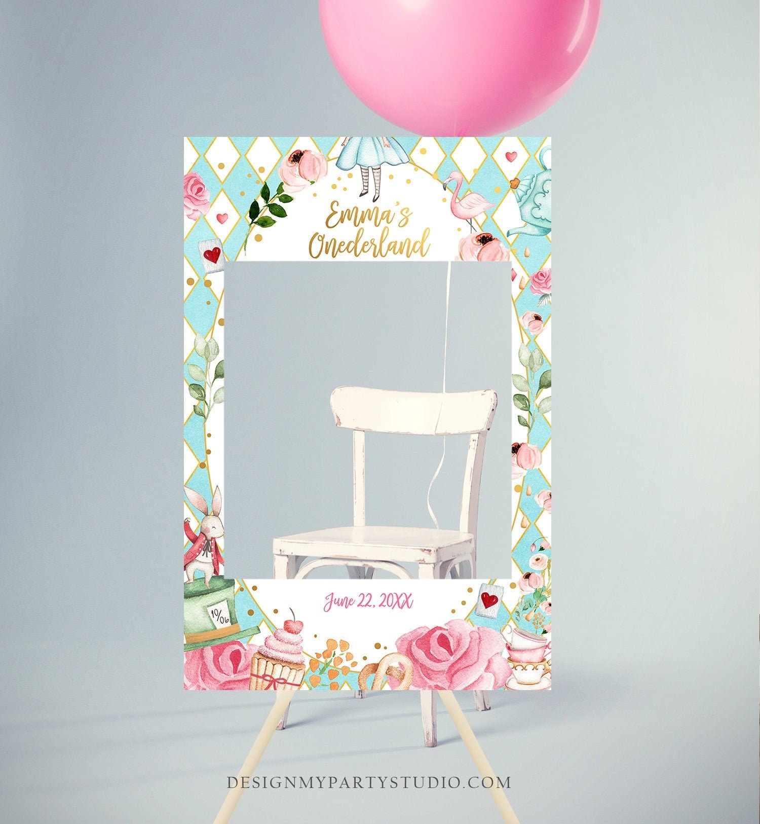 Editable Alice in Onederland Birthday Photo Prop Frame Alice in Wonderland Birthday Pink Girl Photo Booth Decor Template PRINTABLE 0350