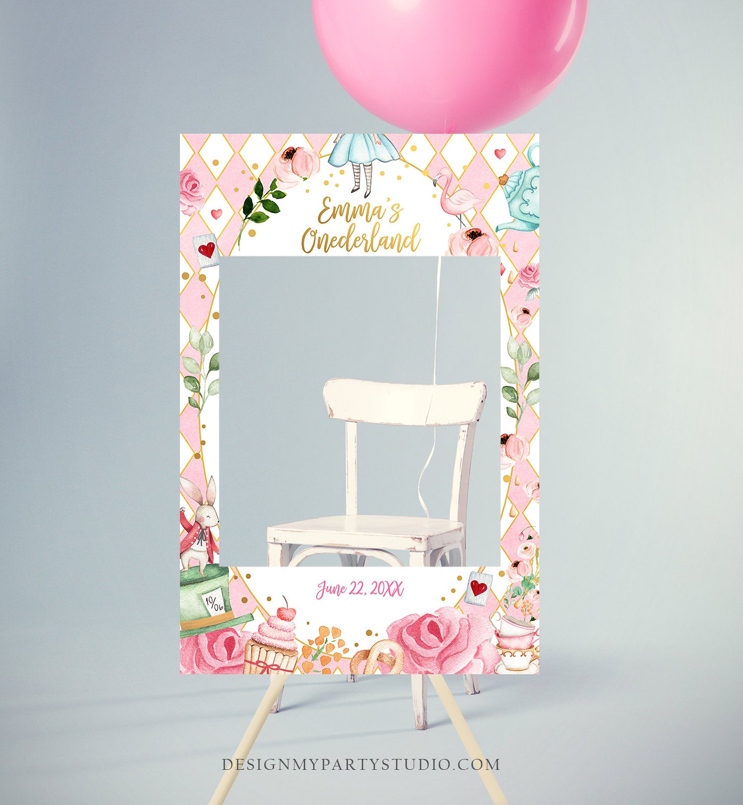 Editable Alice in Onederland Birthday Photo Prop Frame Alice in Wonderland Birthday Pink Girl Photo Booth Decor Template PRINTABLE 0350