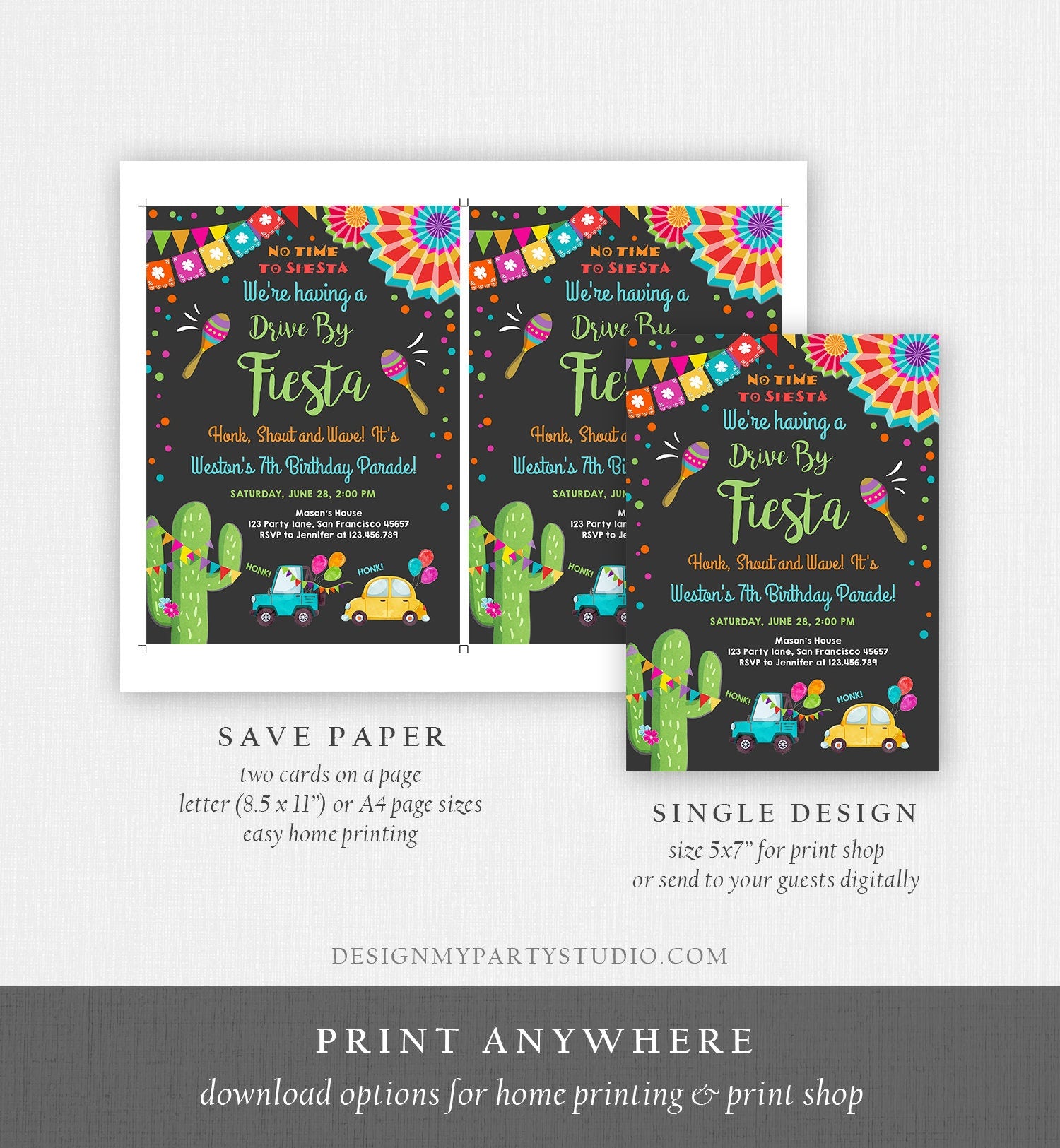 Editable Fiesta Drive By Birthday Parade Invitation Fiesta Birthday Party Invite Honk Wave Car Quarantine Download Digital Corjl 0045