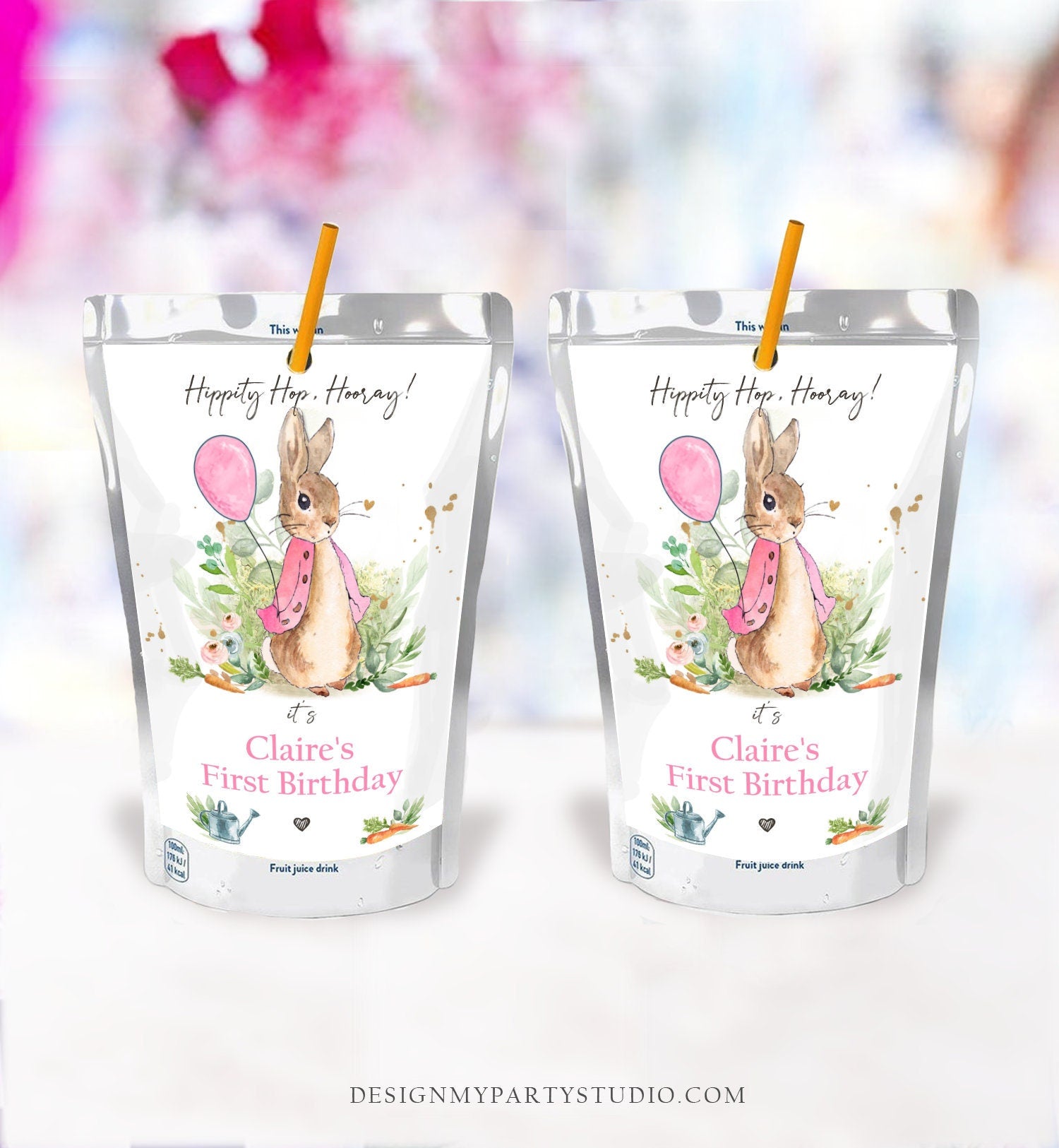 Editable Flopsy Bunny Capri Sun Labels Juice Pouch Labels Bunny Birthday Rustic Watercolor Juice Cup Download Corjl Template Printable 0351