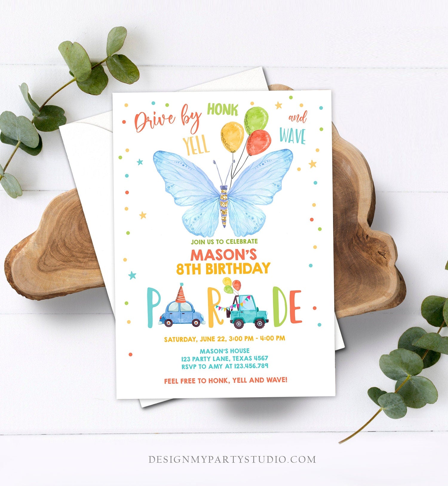 Editable Butterfly Drive By Birthday Parade Invitation Virtual Party Invite Honk Wave Car Boy Blue Quarantine Download Digital Corjl 0162