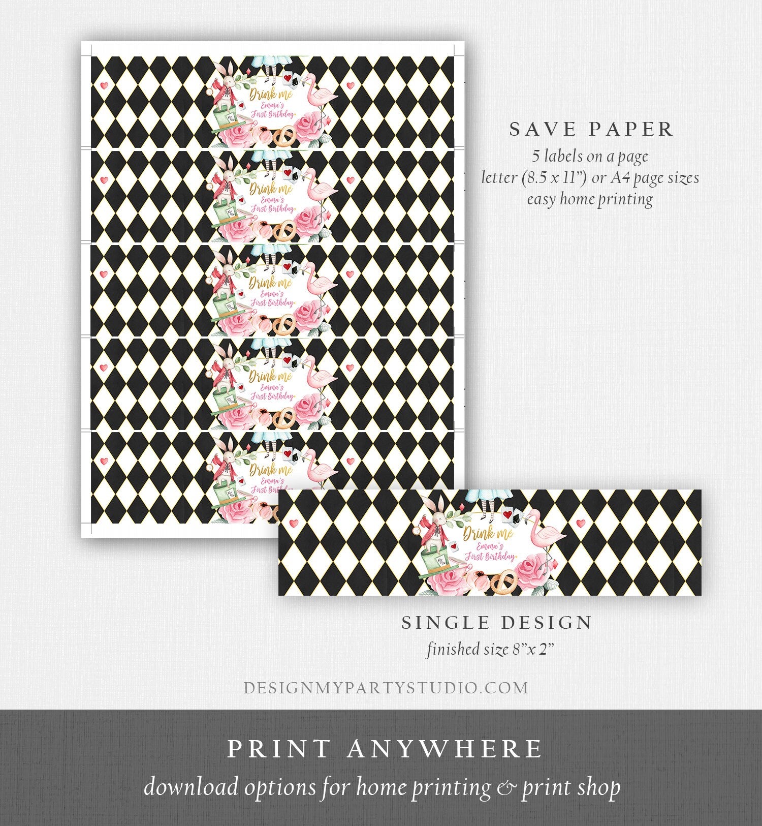 Editable Alice in Onederland Water Bottle Labels Alice Birthday Party Girl Pink Alice in Wonderland Download Printable Template Corjl 0350