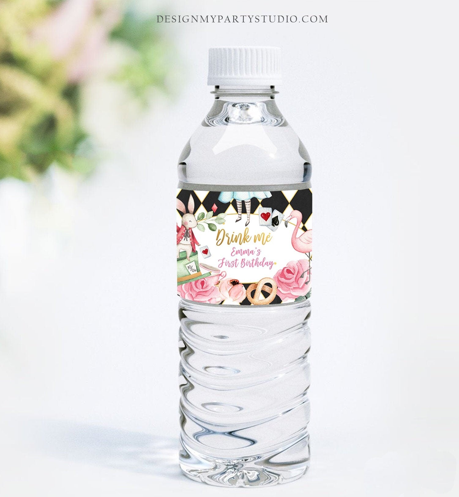 Editable Alice in Onederland Water Bottle Labels Alice Birthday Party Girl Pink Alice in Wonderland Download Printable Template Corjl 0350