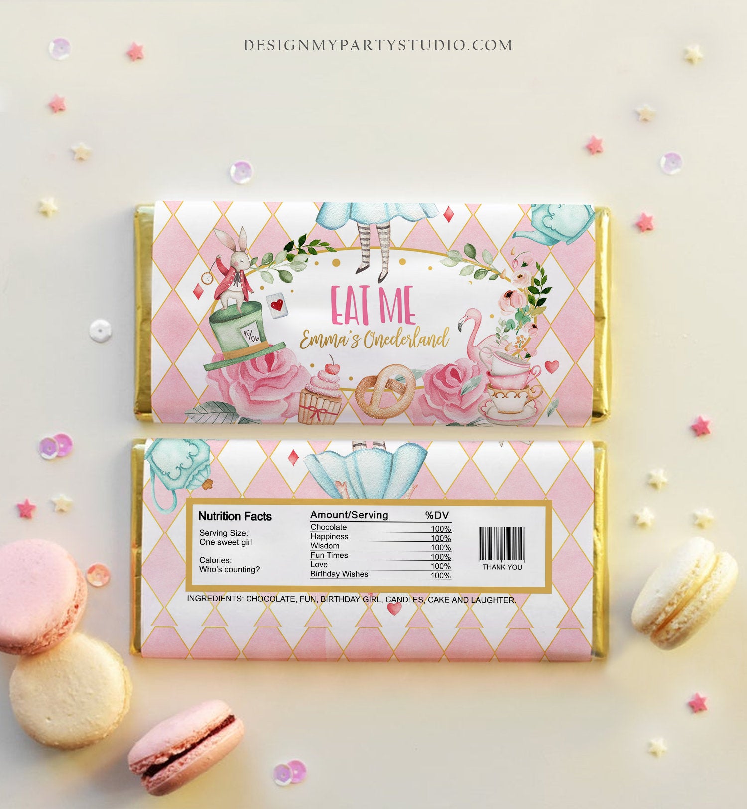 Editable Alice in Onederland Chocolate Bar Labels Candy Bar Wrapper Alice Wonderland Tea Party Floral Download Corjl Template Printable 0350