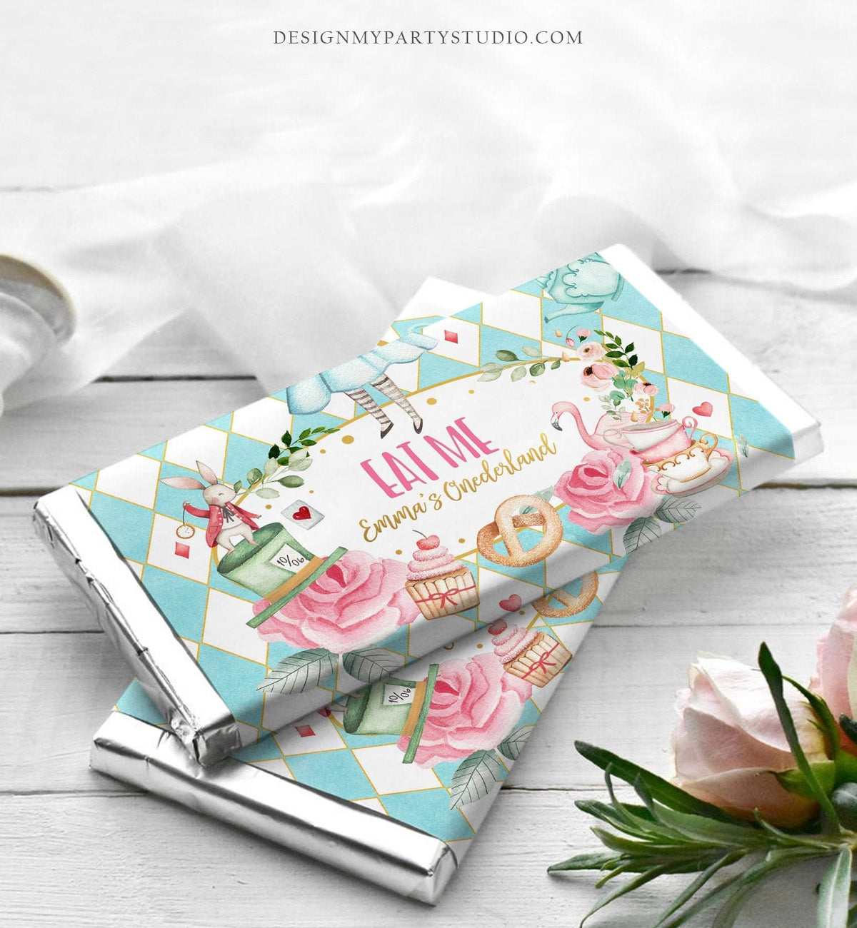 Editable Alice in Onederland Chocolate Bar Labels Candy Bar Wrapper Alice Wonderland Tea Party Floral Download Corjl Template Printable 0350