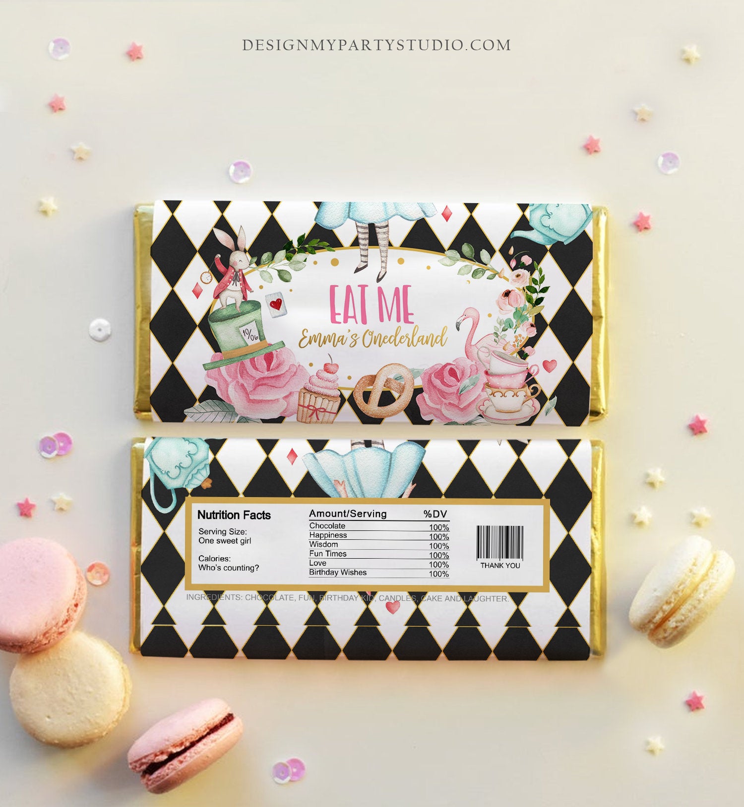 Editable Alice in Onederland Chocolate Bar Labels Candy Bar Wrapper Alice Wonderland Tea Party Floral Download Corjl Template Printable 0350