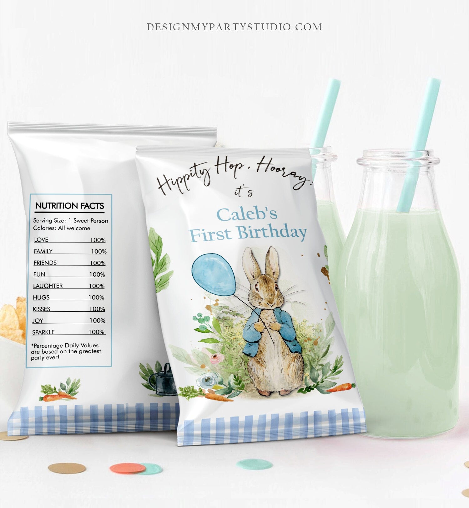 Editable Peter Rabbit Chip Bag Peter Rabbit Birthday Decor Boy Bunny Rustic Snack Favors Watercolor Printable Digital Corjl Template 0351